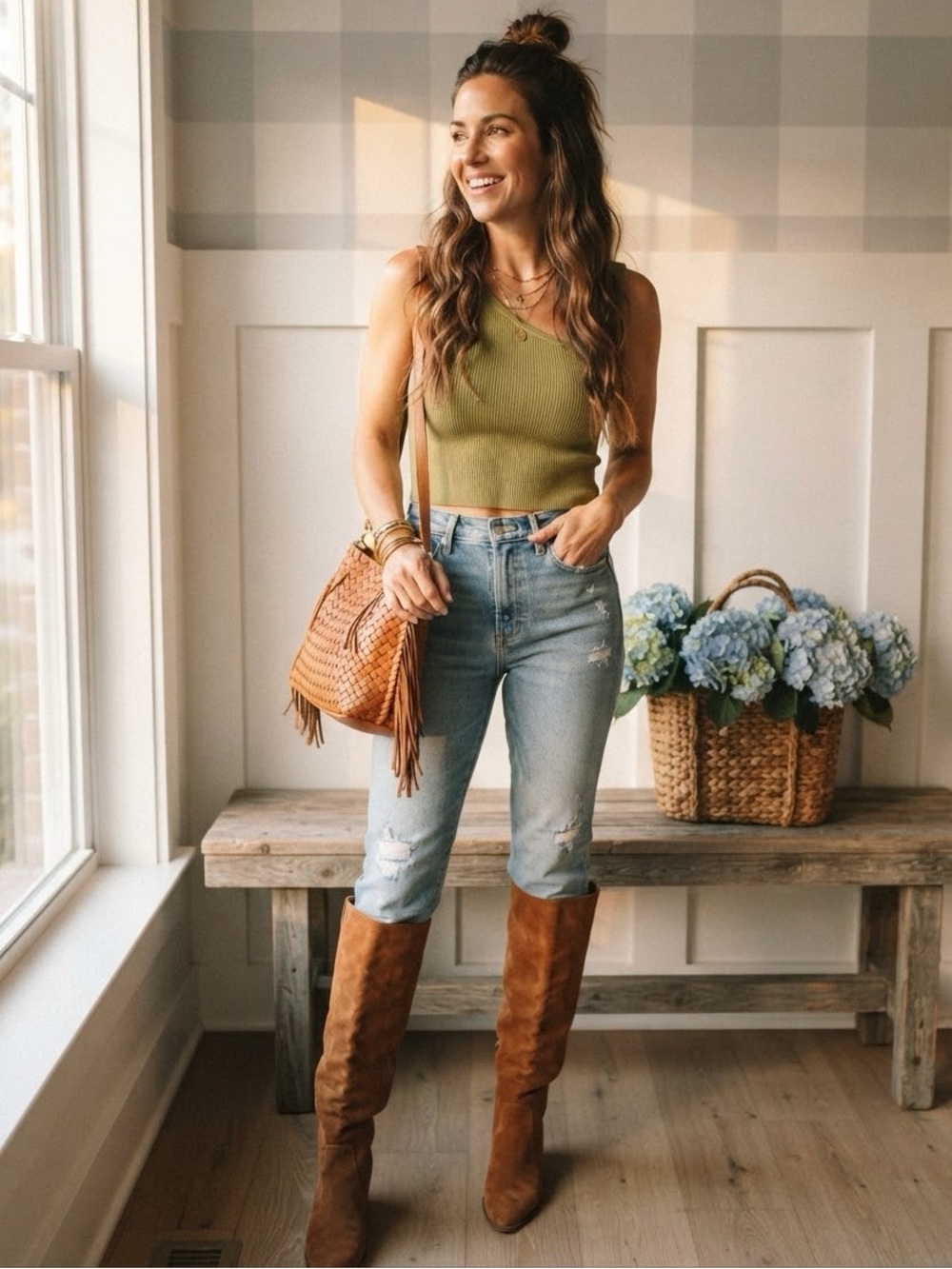 Only Light Olive One-Shoulder Ribbed Cropped Tank XL